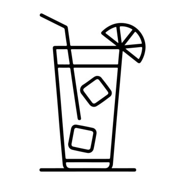Minimalist siyah beyaz bir çizgi buz küpleri ve pipetle dolu uzun bir bardak çiziyor..