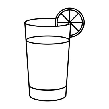İçi içecek ve limon dilimi dolu uzun bir bardağın minimalist siyah beyaz çizimi..