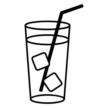 Buz küpleri ve pipetle ferahlatıcı bir içeceğin minimalist siyah beyaz çizimi..