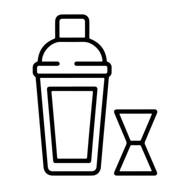 Bir kokteyl karıştırıcı ve çift taraflı jigger 'ın minimalist tasviri..