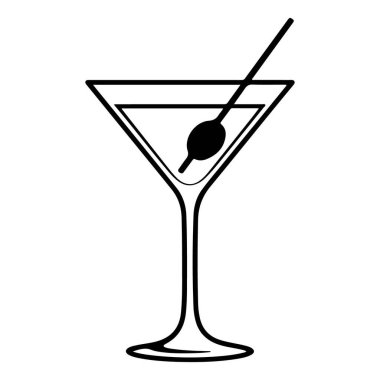 Tek zeytinli ve karıştırıcılı bir martini bardağının minimalist siyah beyaz çizimi..