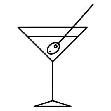 İçi içki ve karıştırıcı üzerine zeytin olan bir martini bardağının basit siyah beyaz çizimi..