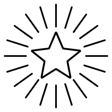 Işık saçan beş köşeli bir yıldızın minimalist siyah beyaz çizgisi..