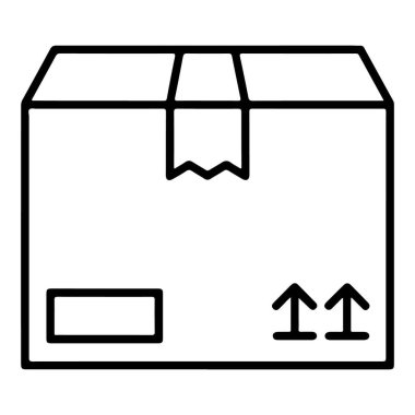 Mühürlü bir karton kutunun, içinde nakliye sembolleri olan minimalist siyah beyaz çizgi çizimi..