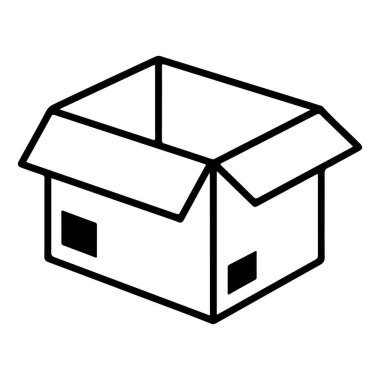 İzometrik bir perspektiften izlenen boş, açık bir karton kutunun minimalist çizimi.