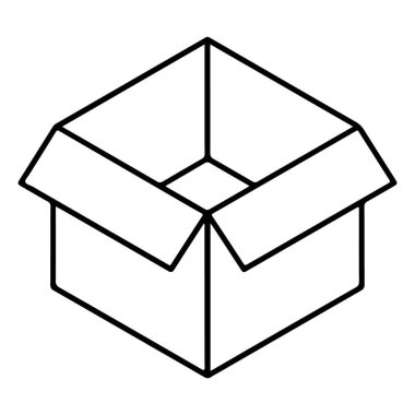 Boş, açık bir karton kutunun basit bir izometrik çizimi.
