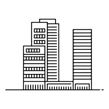 Minimalist bir çizgi, kentsel bir ortamda yüksek ve modern binalardan oluşan bir kümeyi resmediyor..