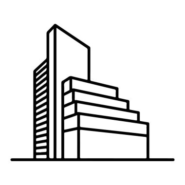 Minimalist bir çizgi, basamaklı ve yüksek bir yapıya sahip çok katlı çağdaş bir bina tasvir ediyor..