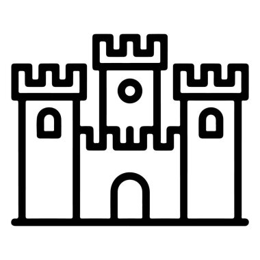 Renklendirilmiş kuleleri ve kemerli girişi olan klasik bir kale yapısının minimalist siyah beyaz çizgisi..