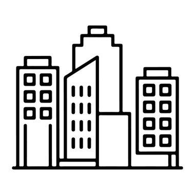 Minimalist bir çizgi, bir şehir ortamında üç farklı modern gökdeleni resmediyor..