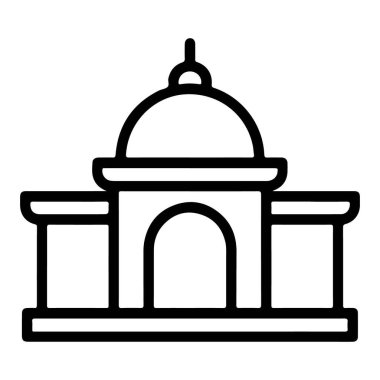 Merkezi kubbesi ve kemerli girişi olan bir hükümet binası veya müzesinin minimalist çizimi.