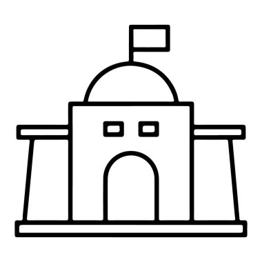 Kanatlarla çevrili kubbeli ve bayraklı merkezi bir binayı tasvir eden minimalist bir çizgi.