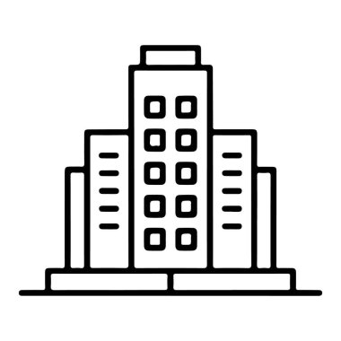 Merkezi daha uzun bir yapıya sahip çok katlı bir binanın minimalist çizgisi çizimi.