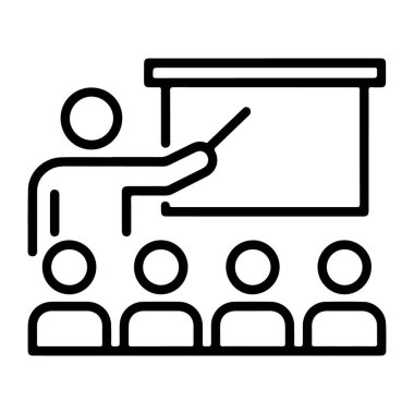 Basit bir çizgi, önünde dört öğrenci olan bir öğretmeni beyaz tahtayı işaret ederken resmediyor..