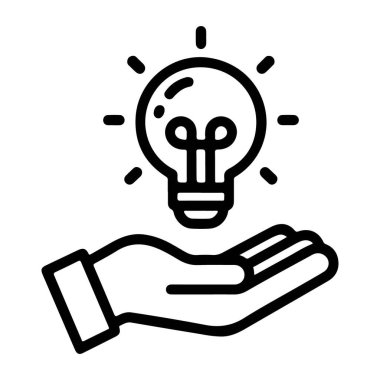 Basit bir çizgi resim simgesi, üzerinde parlak, aydınlatılmış bir ampul sunan açık bir eli gösterir..