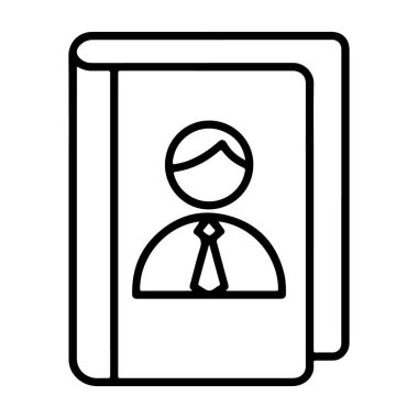 Açık bir kitabın minimalist çizimi. Kapağında kravat takan stilize bir insan..