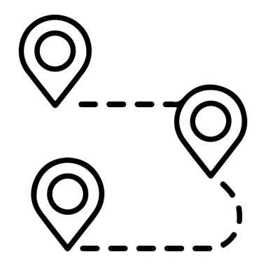 Bir seyahat yolu veya rotayı gösteren kesikli bir hatta bağlı üç harita konum iğnesi.