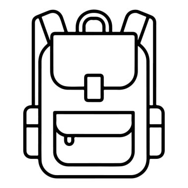 Birden fazla cebi ve kayışı olan klasik bir sırt çantasının minimalist siyah beyaz çizgisi..