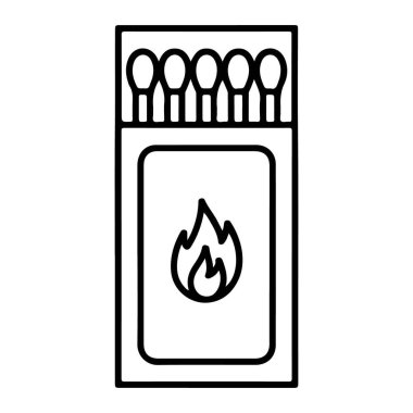Açık kibrit kutusunun basit bir çizgi çizimi. Önünde birkaç kibrit kutusu ve bir alev simgesi var..