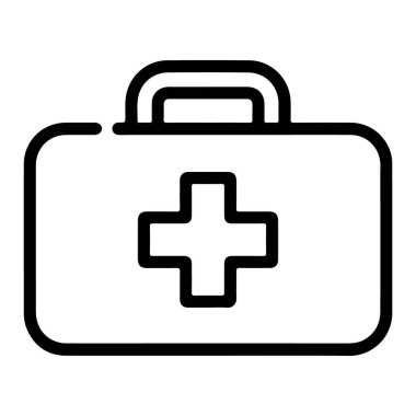 Üzerinde kırmızı haç sembolü olan bir tıbbi ilk yardım çantasının minimalist siyah beyaz çizimi..
