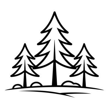 Düz olmayan zeminde duran üç kozalaklı ağacın minimalist, elle çizilmiş bir taslağı..