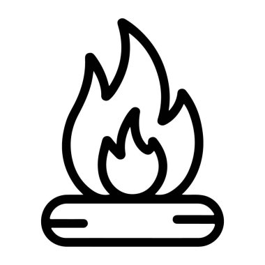 Alevler ve kütüklerle dolu bir kamp ateşinin minimalist siyah beyaz çizgisi..