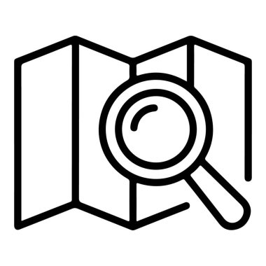 Katlanmış bir harita üzerinde bir büyüteç tasvir eden basit bir siyah beyaz çizgi sanat simgesi.