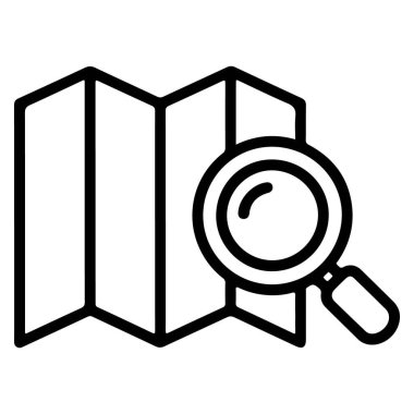 Büyüteçle katlanmış bir haritanın basit bir siyah beyaz çizimi.