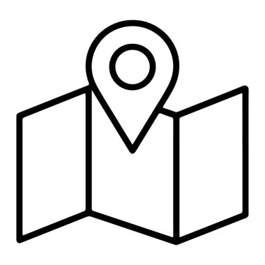 Belirgin bir konum işaretleyicisi olan açık bir haritanın basit bir siyah beyaz çizimi.