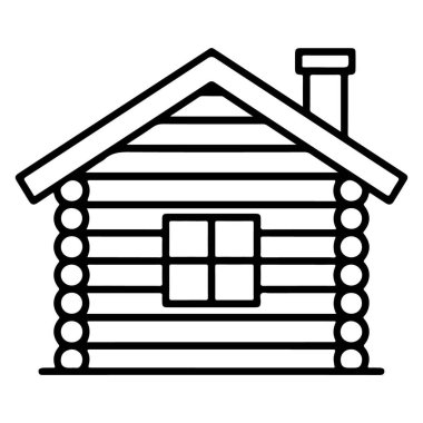 Penceresi ve bacası olan bir kır kulübesinin minimalist siyah beyaz çizimi..