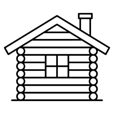 Atımlı bir çatı ve tek bir pencereye sahip kırsal bir kütük kulübesinin siyah beyaz çizimi.