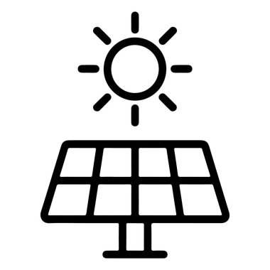 Şekil verilmiş bir güneşten enerji alan bir güneş panelini tasvir eden bir minimalist çizgi sanat simgesi.