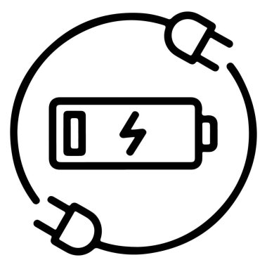 Basit bir çizgi resim simgesi, iki güç priziyle çevrili, yıldırımlı bir pil gösteriyor..