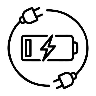 Şarj prizleriyle çevrili, yıldırımlı bir bataryayı tasvir eden bir minimalist çizgi sanat simgesi.