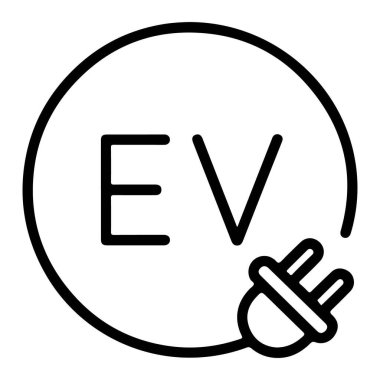 Çemberin içinde EV harfleriyle yüklenen elektrikli aracı temsil eden minimalist bir çizgi sanat simgesi.