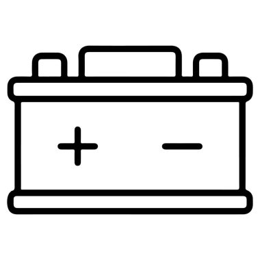 Olumlu ve olumsuz terminalleri olan bir araba aküsünün minimalist siyah beyaz çizgisi.