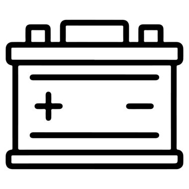 Olumlu ve olumsuz terminal sembolleri içeren bir araba aküsünün minimalist siyah ve beyaz çizimi.