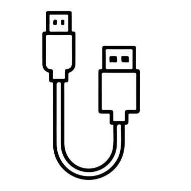 İki erkek konnektörü olan bir USB uzatma kablosunun minimalist siyah beyaz çizimi.