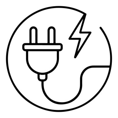 Çemberin içinde yıldırım olan bir elektrik prizinin minimalist siyah beyaz çizgisi..