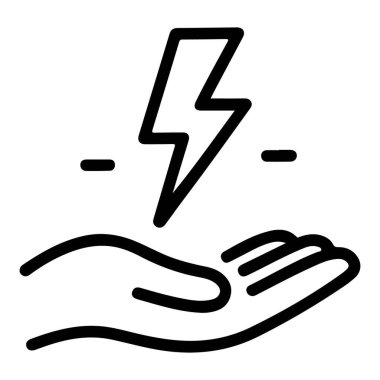 Bir yıldırım sembolünü destekleyen açık bir elin minimalist çizimi gücü veya enerjiyi gösterir..