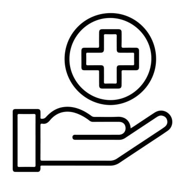 Açık bir el, sağlık ve yardımı sembolize eden artı işareti olan bir çember tutar..