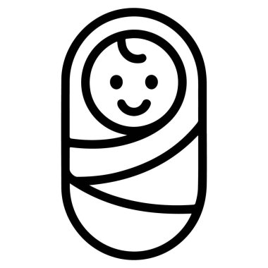 Battaniyeye sarılmış, gülümseyen bir bebeğin minimalist siyah beyaz çizgisi..