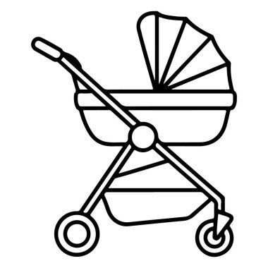 Minimalist siyah beyaz çizgili klasik bir bebek arabası resmedilmiş..