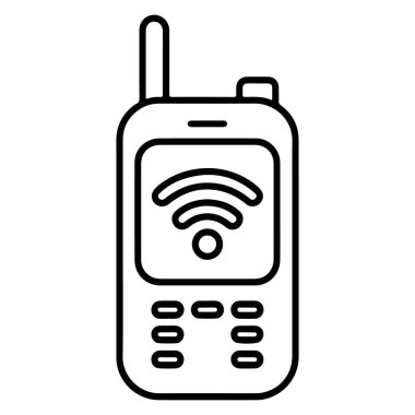 Bir WiFi sinyal simgesini gösteren eski bir cep telefonunun siyah beyaz çizimi.