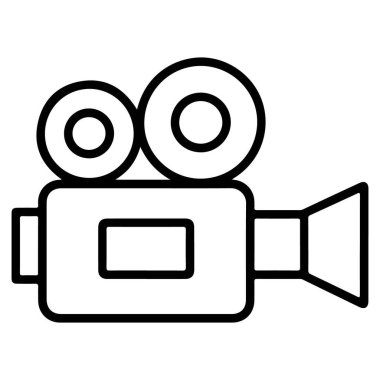 Klasik bir film kamerasının siyah beyaz çizimi, temiz bir ikon olarak sunuluyor..