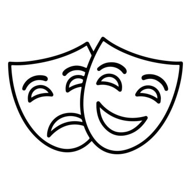 İki ikonik tiyatro maskesinin siyah beyaz çizgisi. Biri üzgün, biri mutlu..