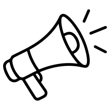 Minimalist siyah-beyaz çizgili, içinden ses dalgaları çıkan bir megafonun sanat çizimi..