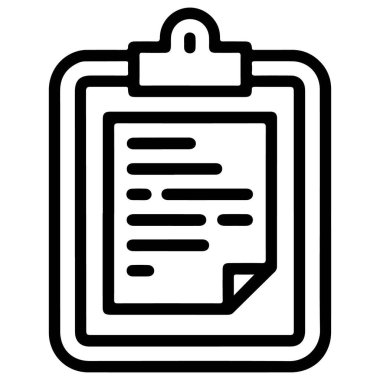 Metin satırları olan bir belgeyi tutan bir panoyu temsil eden siyah ve beyaz ana hatlı bir simge.