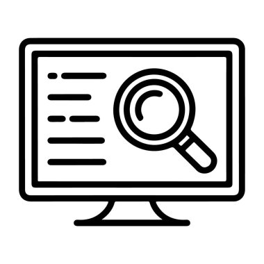 Ekrandaki öğelerin bir listesi ve listenin üzerine yerleştirilmiş bir büyüteçle bilgisayar monitörü tasvir eden siyah beyaz çizgi resim simgesi arama, analiz veya soruşturma öneriyor.