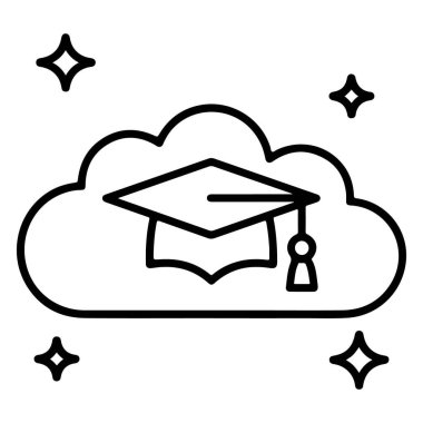 Parlak yıldızlı bir bulutun içindeki mezuniyet şapkasının basit siyah beyaz çizimi..